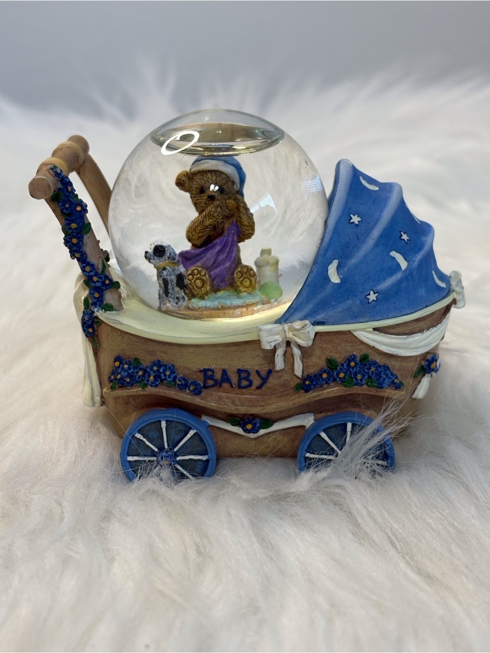 (131)Blue Baby Carriage Snow Globe Figurine - Decorative Nursery Accent